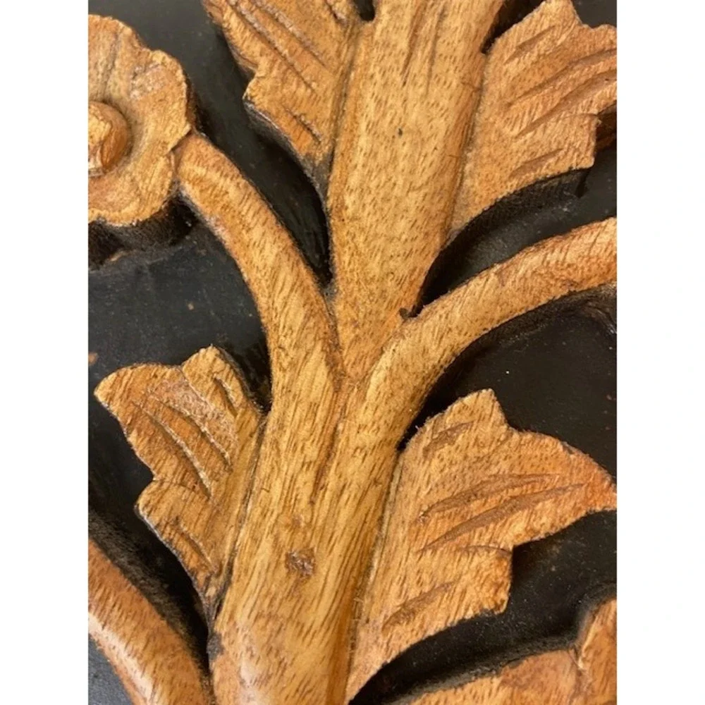 Vintage Teak Tree Carved Floral Wood Wall Art MCM Brown Black Plaque Relief 10x7